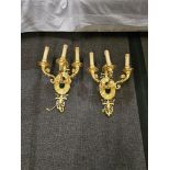 A Very Elegant Pair Of French Louis XVI Style Polished Gold Ormolu Electrified Wall Lamps Three