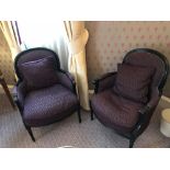A Pair Of Bergere Chairs Black Wood Frame Upholstered In A Dark Mauve Pattern With Stud Pin Detail