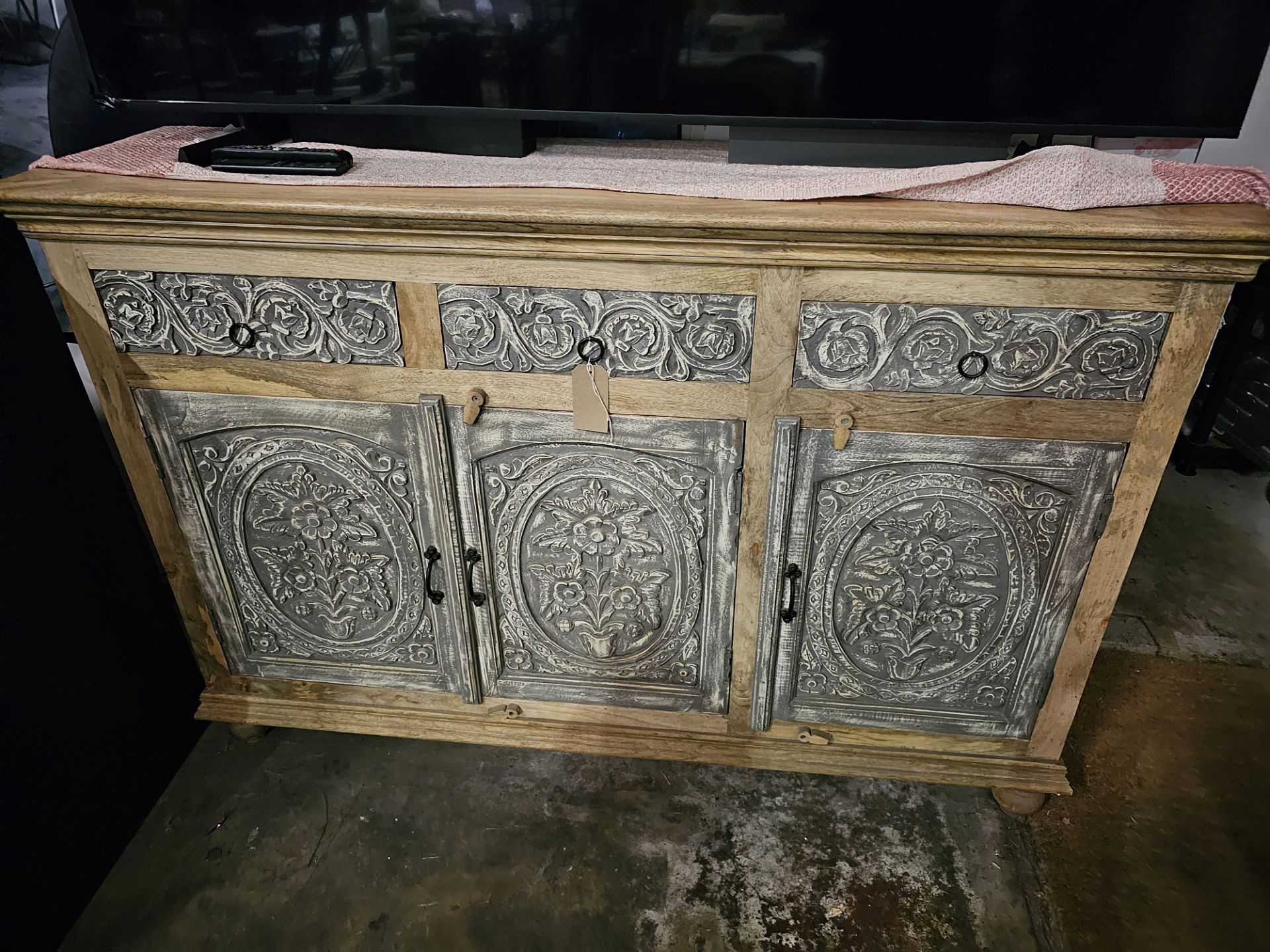 Mandala Sideboard Three Drawer Three Door Solid Reclaimed Wood Timeless Hand-Carving And Impressive - Image 3 of 6