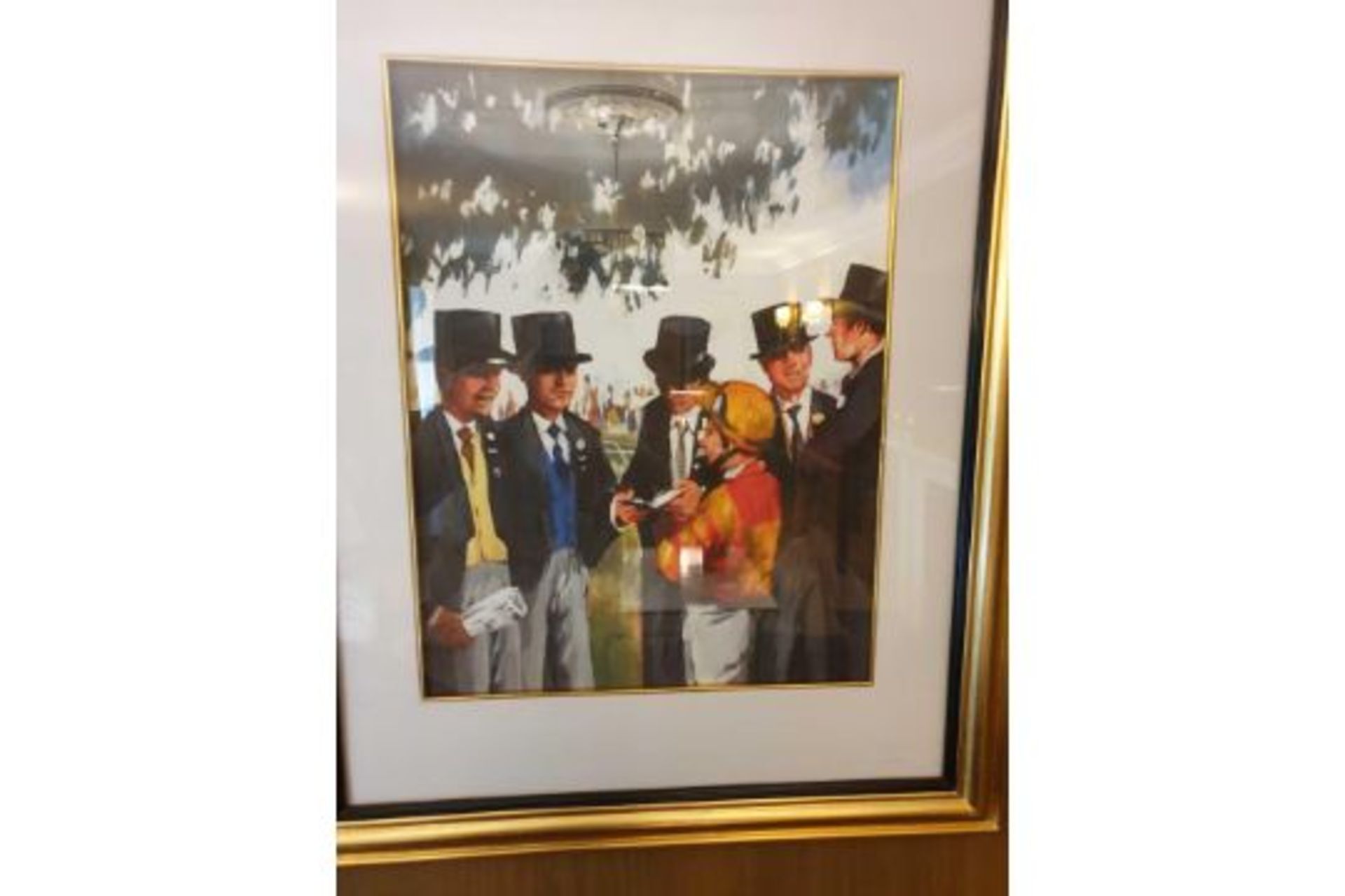 Framed Lithographic Print Illustrating A Jockey Talking To Gentleman In Morning Dress At Ascot