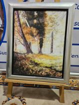 Framed Lithograph Silver Frame Depicting Trees 85 x 65cm