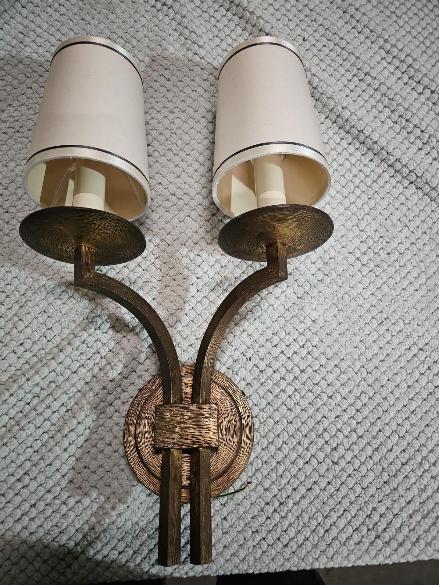 A Dernier And Hamlyn Twin Arm Antique Bronzed Wall Sconces With Shade 51cm