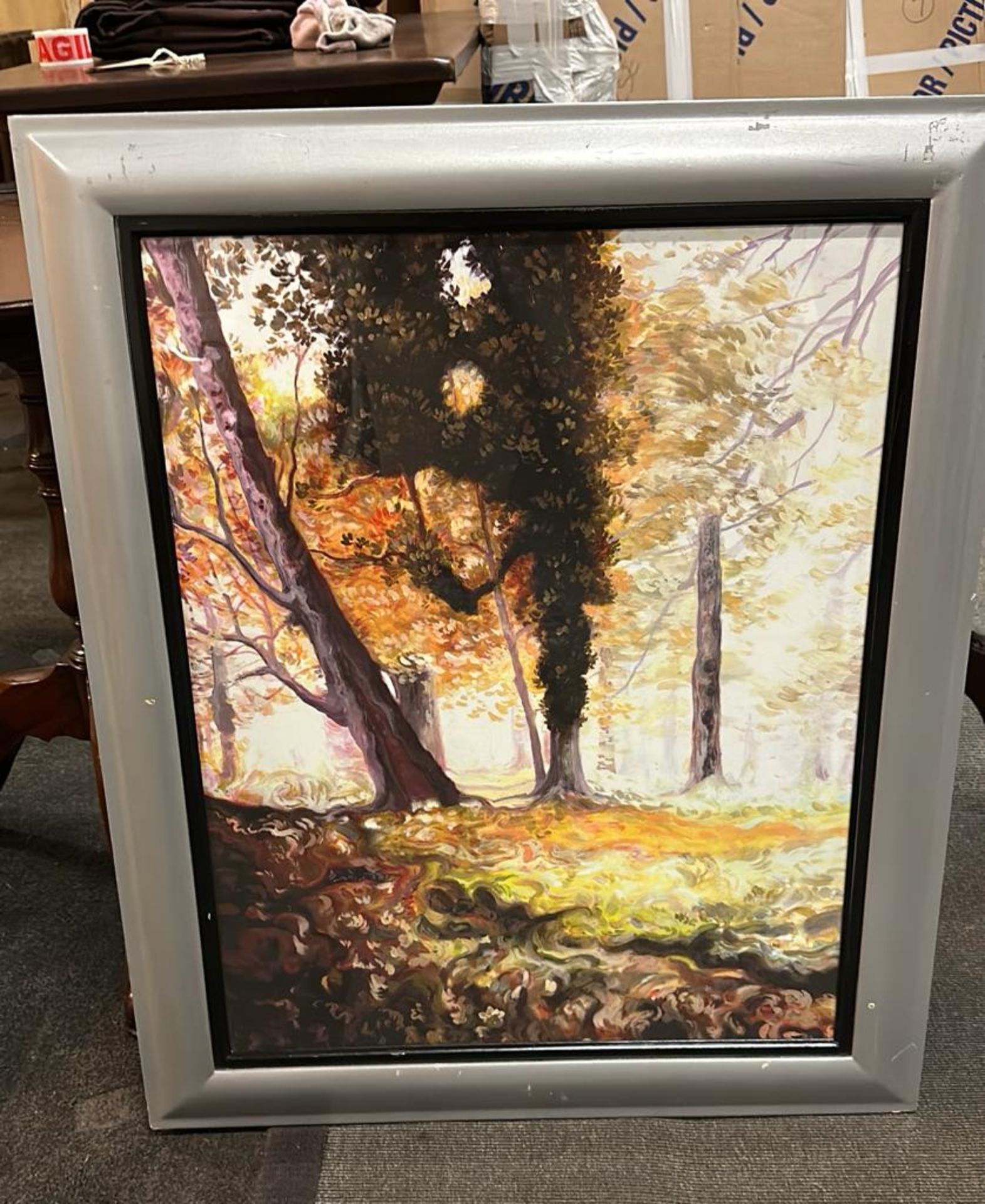 Framed Lithograph Silver Frame Depicting Trees 85 x 65cm