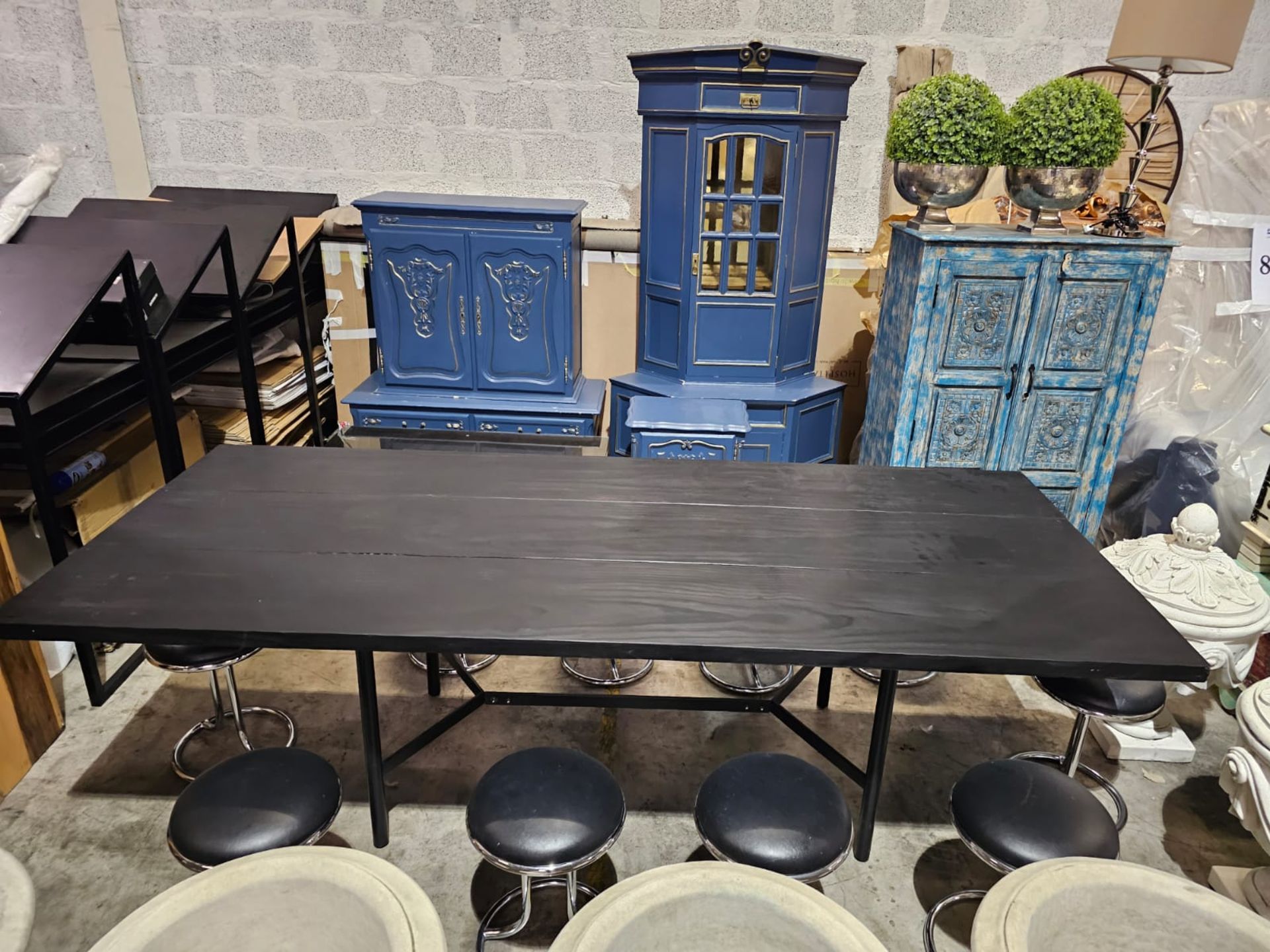 Black Oak Table On Black Metal Frame With 10 Chrome And Black Leather Stools 244x99x87cm