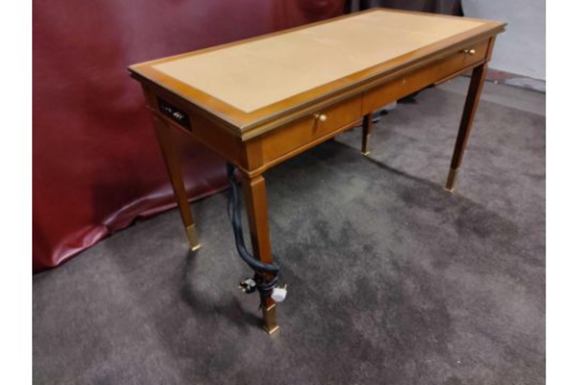 Writing Desk With Tooled Leather Inlay Faux Central Drawer Flanked By Single Drawer And Flap