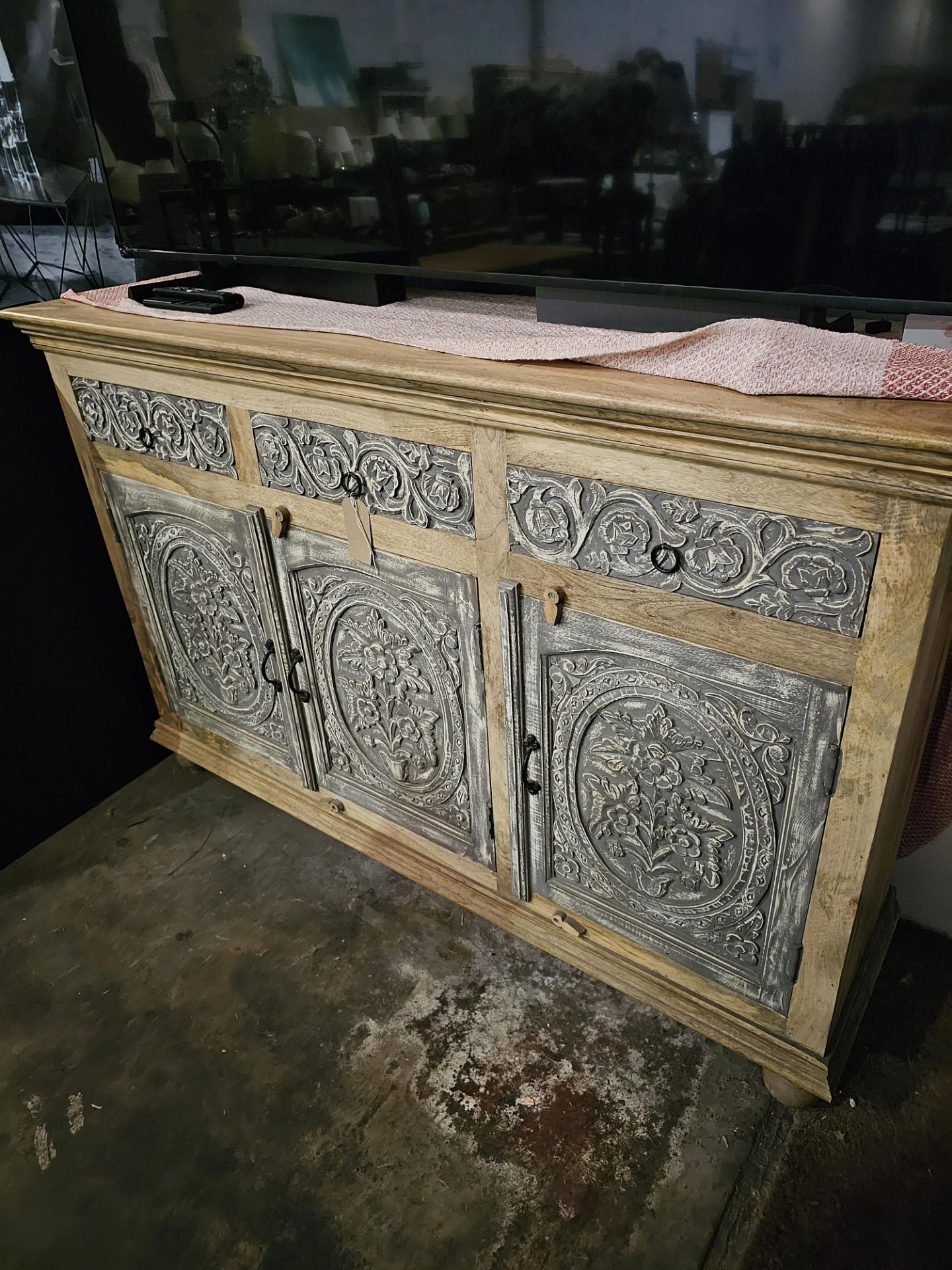 Mandala Sideboard Three Drawer Three Door Solid Reclaimed Wood Timeless Hand-Carving And Impressive - Image 5 of 6