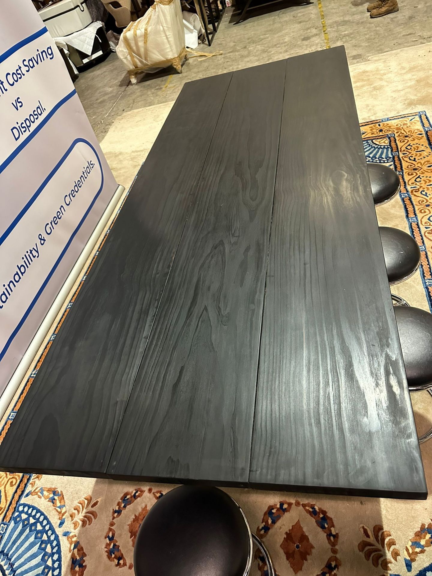 Black Oak Table On Black Metal Frame With 10 Chrome And Black Leather Stools 244x99x87cm - Bild 3 aus 8