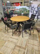 Round Teak Star Leg Dining Table With 8 x Teak Arm Seville Style Chairs