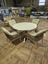 140cm Round Star Leg Dining Table (Sandstone) With 4 x Vogue Rope Armchairs Taupe/Cobble