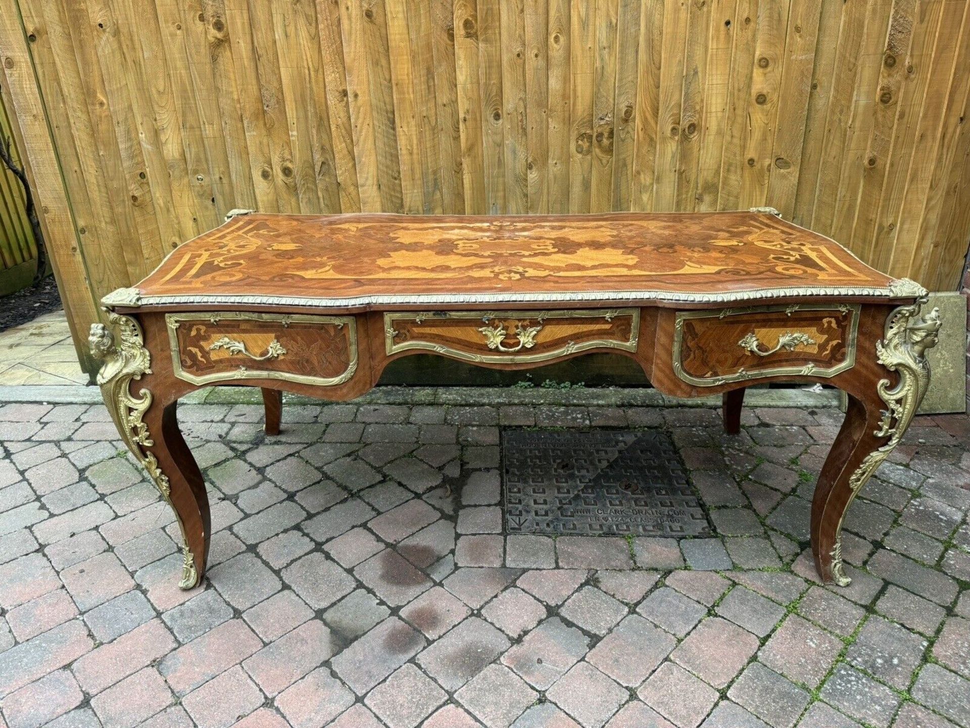 French Louis XV Style Gilt Bronze Marquetry Bureau Plat  A Louis XV Style Ormolu Mounted Marquetry