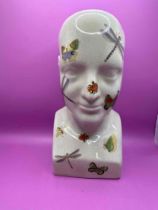 Ceramic Phrenology Head Adorned With A Colourful Colony Of Winged Insects: Bees, Butterflies,