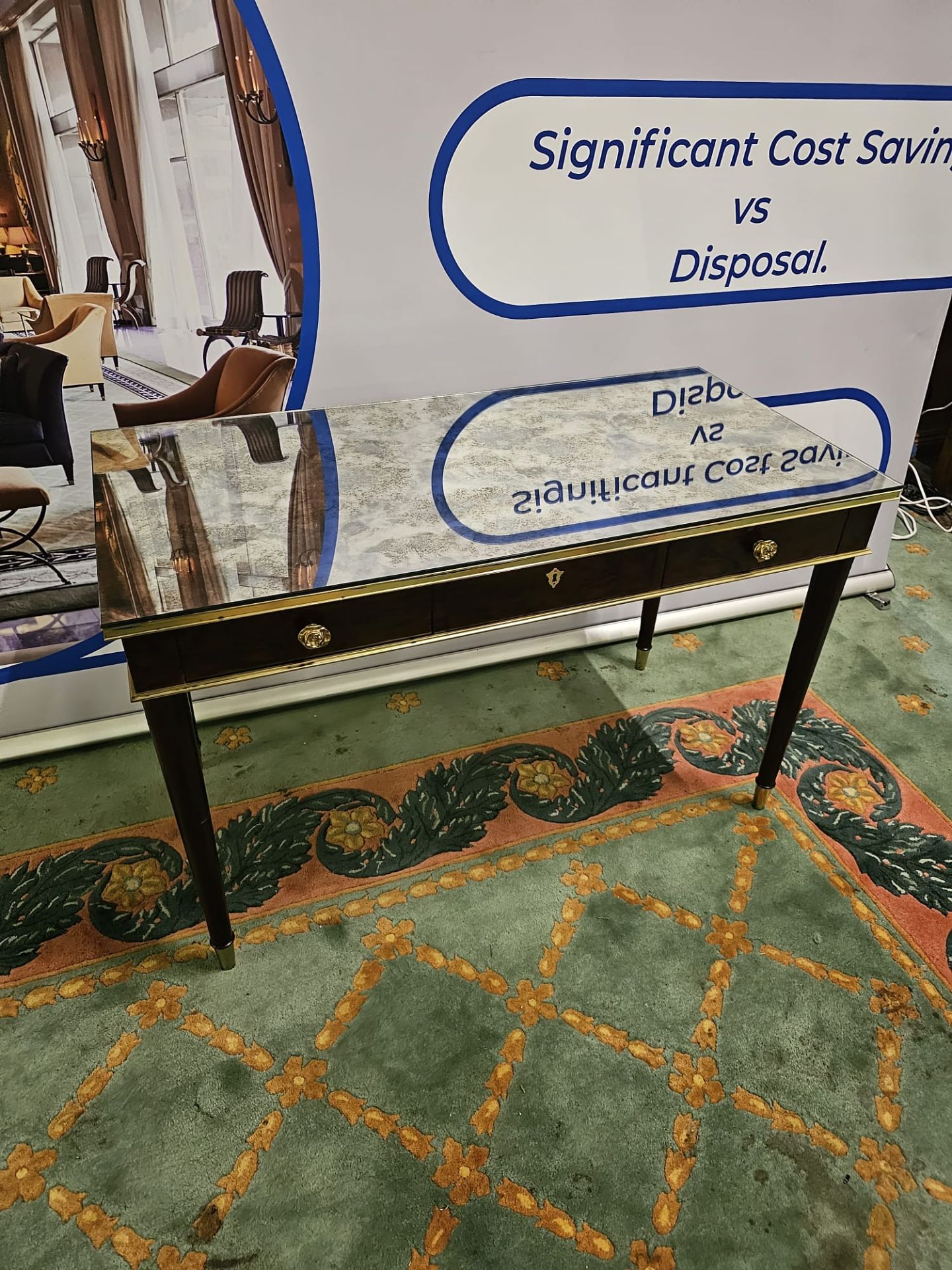 A Decca Home Furniture Burr Mahogany Writing Table With A Mirrored Antiqued Glass Top Surface 2 - Image 2 of 2