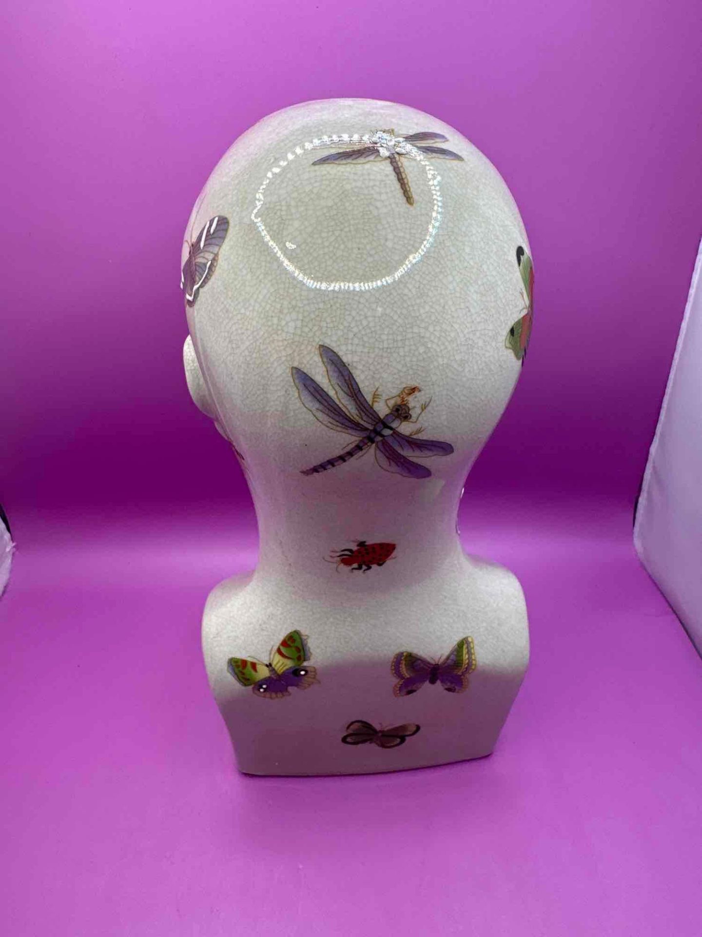 Ceramic Phrenology Head Adorned With A Colourful Colony Of Winged Insects: Bees, Butterflies, - Image 3 of 4