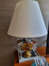 An antique Mid-20th Century Brass And Czech Glass Beaded Fruit Basket Form Lamp. This Brass Table