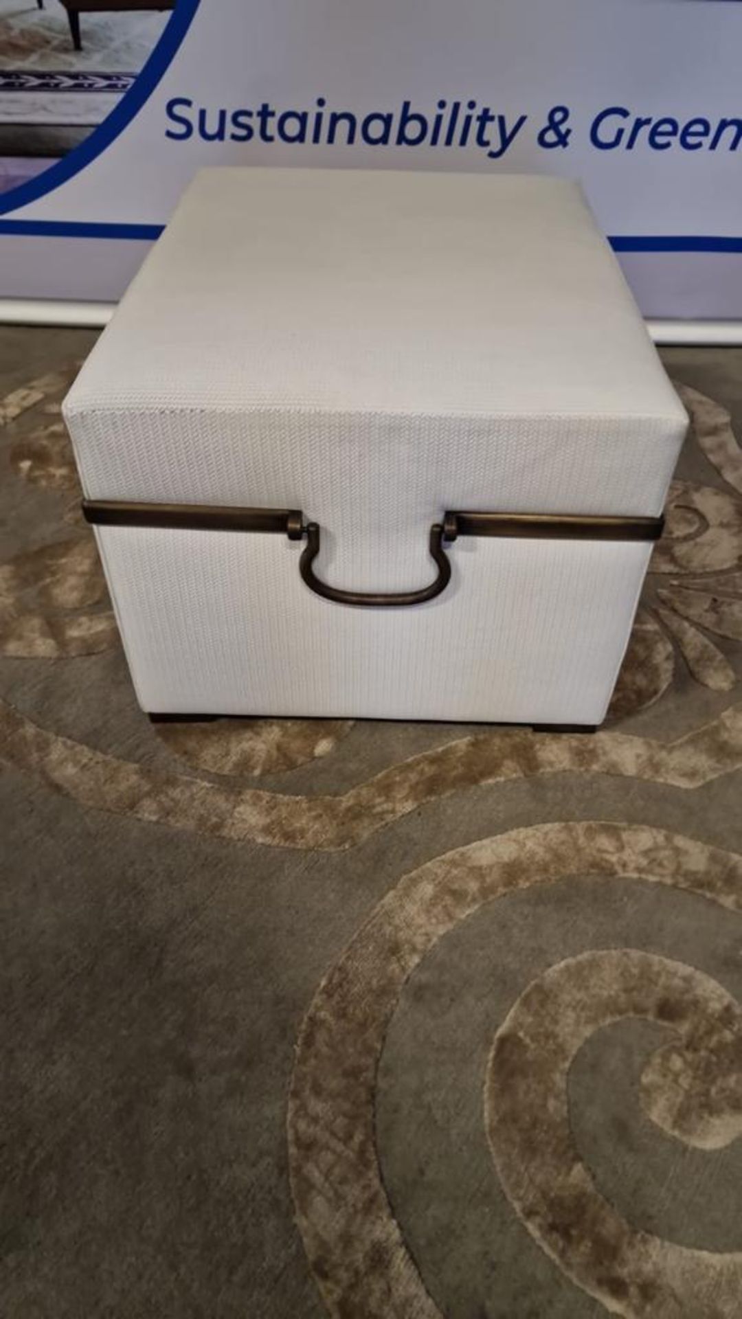 A bespoke ottoman made by George Smith Ltd in a cream patterned fabric with bronze strap details and - Image 2 of 3
