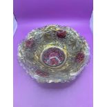 Goofus Glass Bowl, Dahlia By Indiana Glass, Red Flowers On Large Gold Ornate Serving Dish, Antique