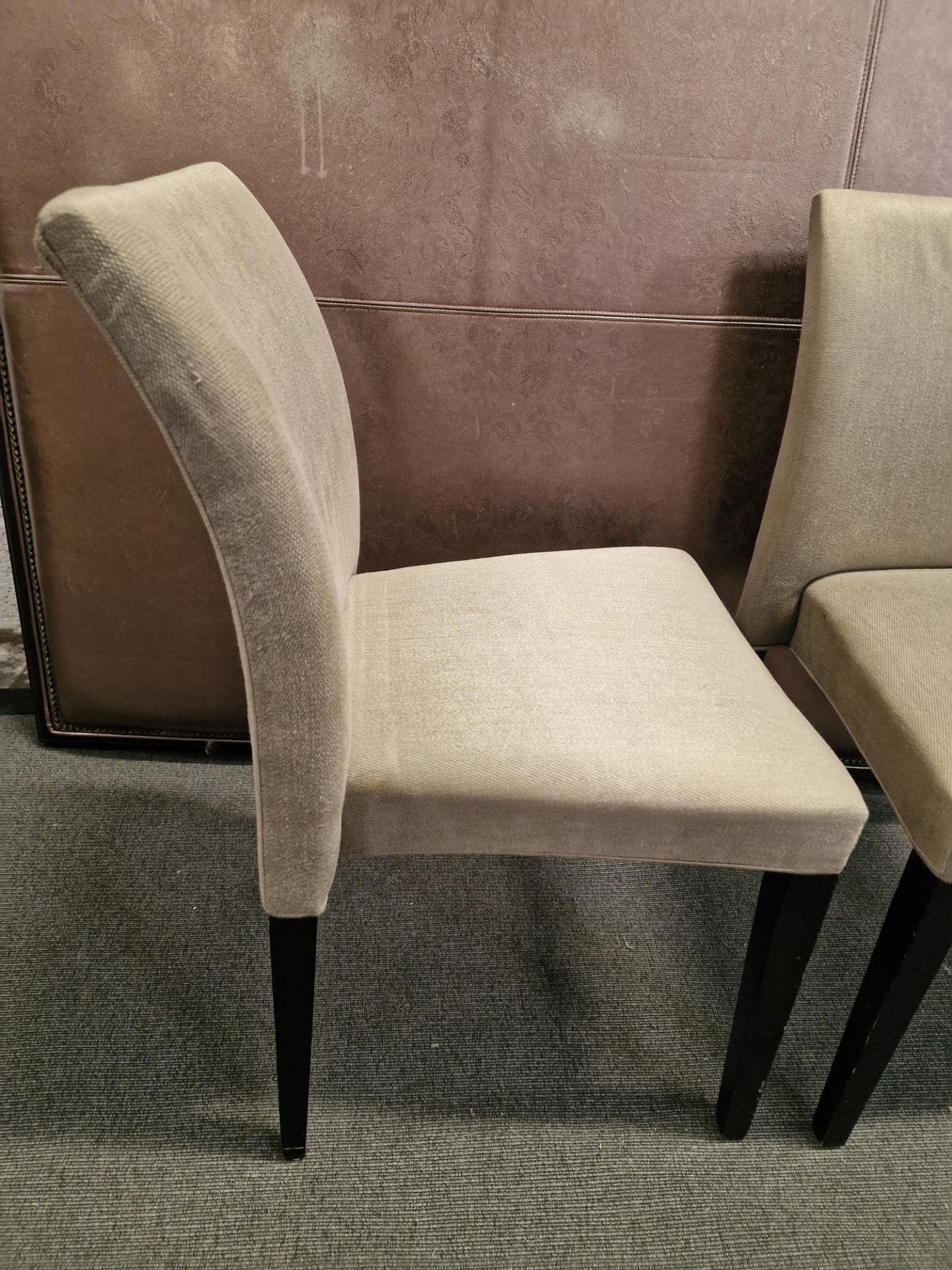 4 x Dining Chairs The dining chair has an ebonised slatted back frame and a grey upholstered seat