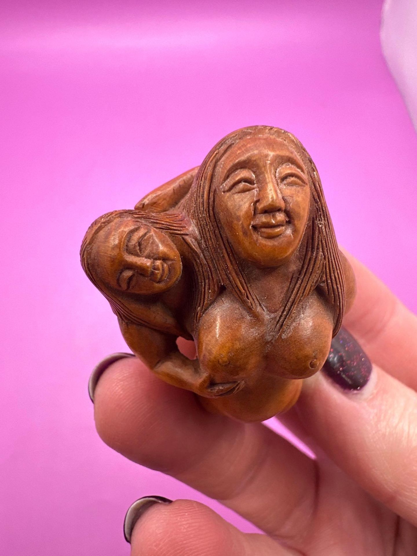 Japanese Carving Sculpture Mermaid And Baby Boxwood Wood Netsuke - Image 2 of 4