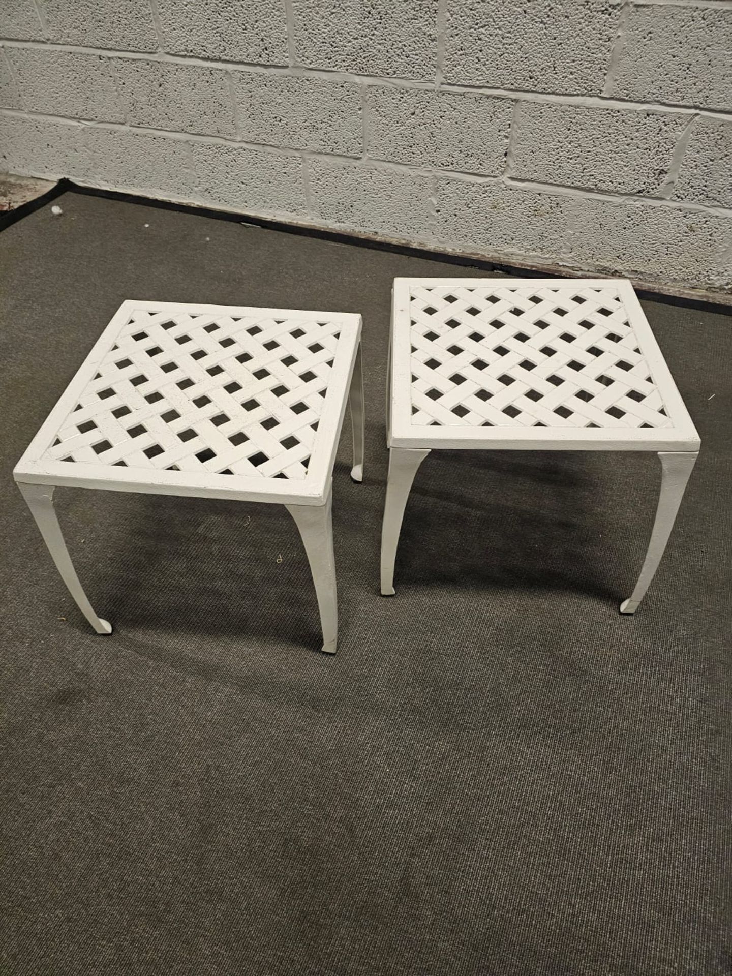 A Pair Of White Metal Painted Side Tables 44 x 44 x 44 Cm