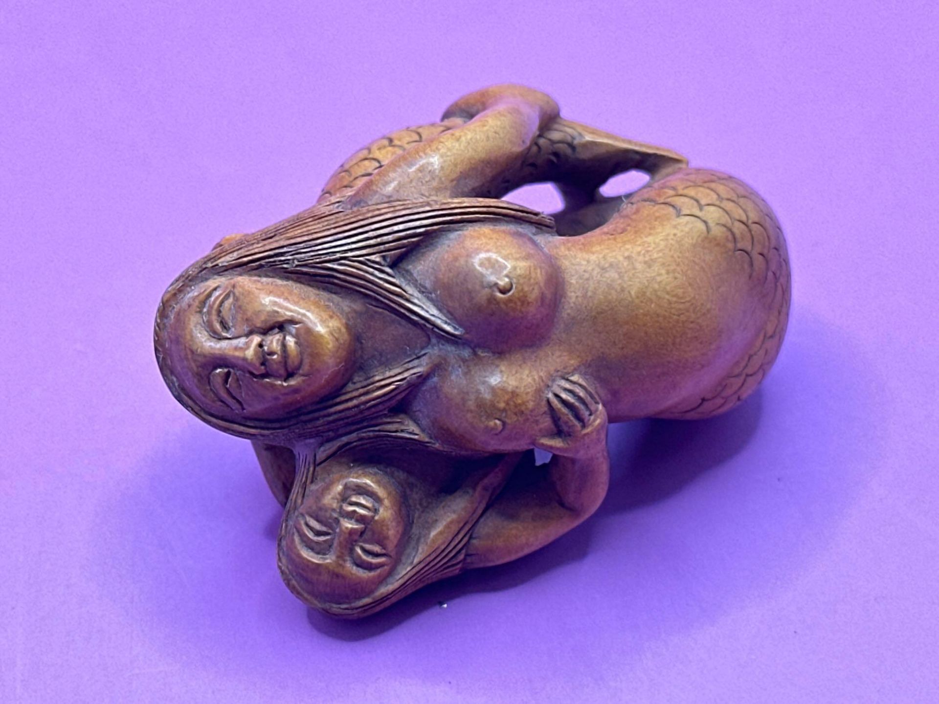 Japanese Carving Sculpture Mermaid And Baby Boxwood Wood Netsuke - Image 4 of 4