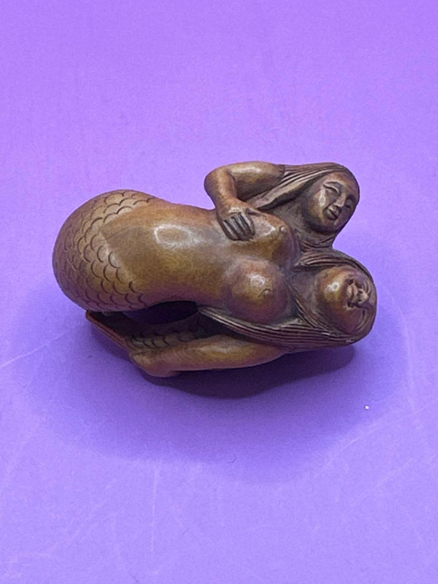 Japanese Carving Sculpture Mermaid And Baby Boxwood Wood Netsuke