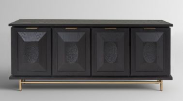 Black American Oak Draper Sideboard. This statement sideboard has a bronzed metal accent handle