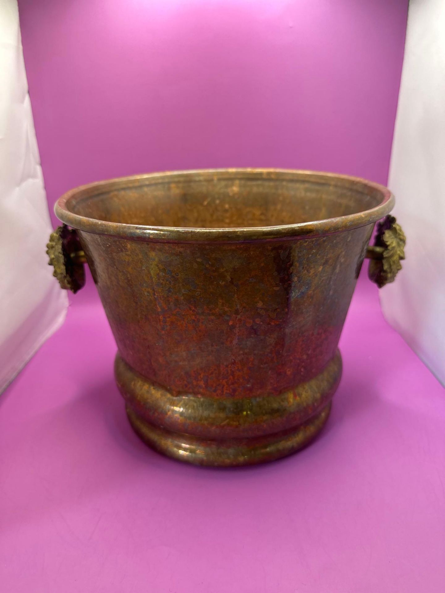 Copper Jardiniere With Brass Handles Depicting A Face With Grapes And Vine 23 X 18.5 cm