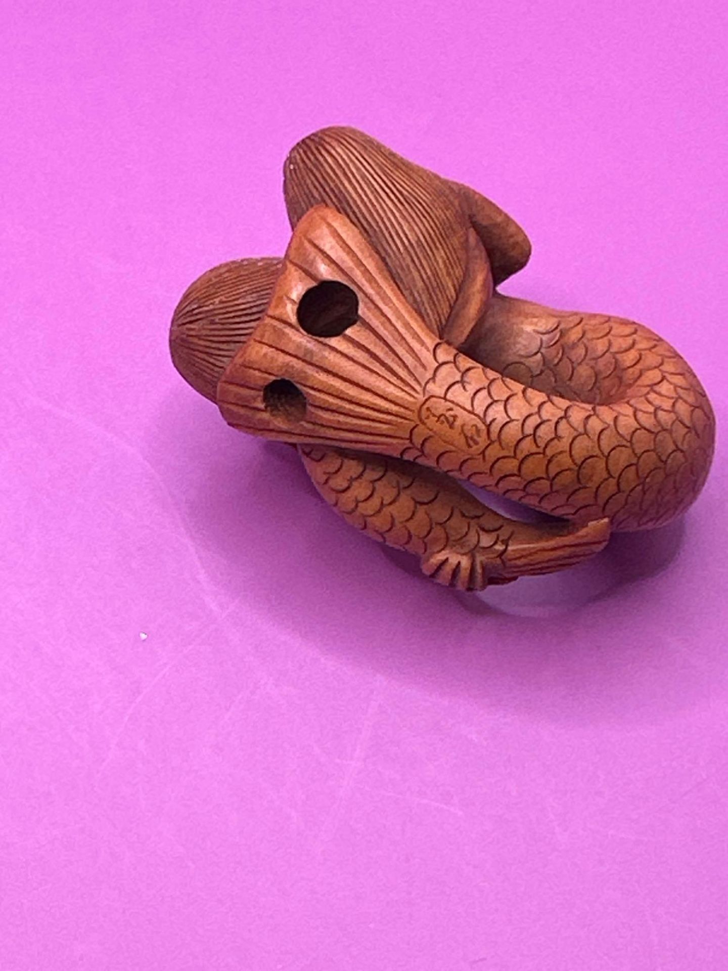 Japanese Carving Sculpture Mermaid And Baby Boxwood Wood Netsuke - Image 3 of 4