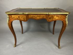 French Louis XV Style Kingwood Leather Inlay Bureau Plat Desk With Gilt Bronze Ormolu The Shaped Top