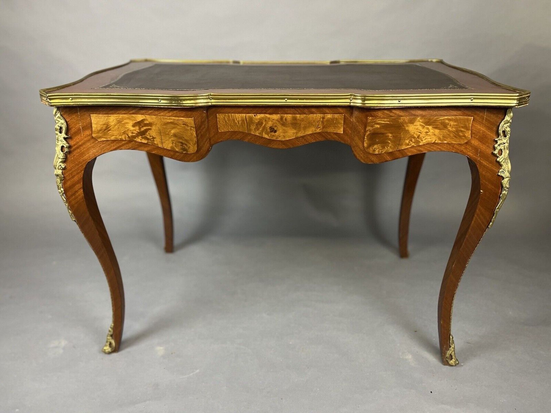 French Louis XV Style Kingwood Leather Inlay Bureau Plat Desk With Gilt Bronze Ormolu The Shaped Top