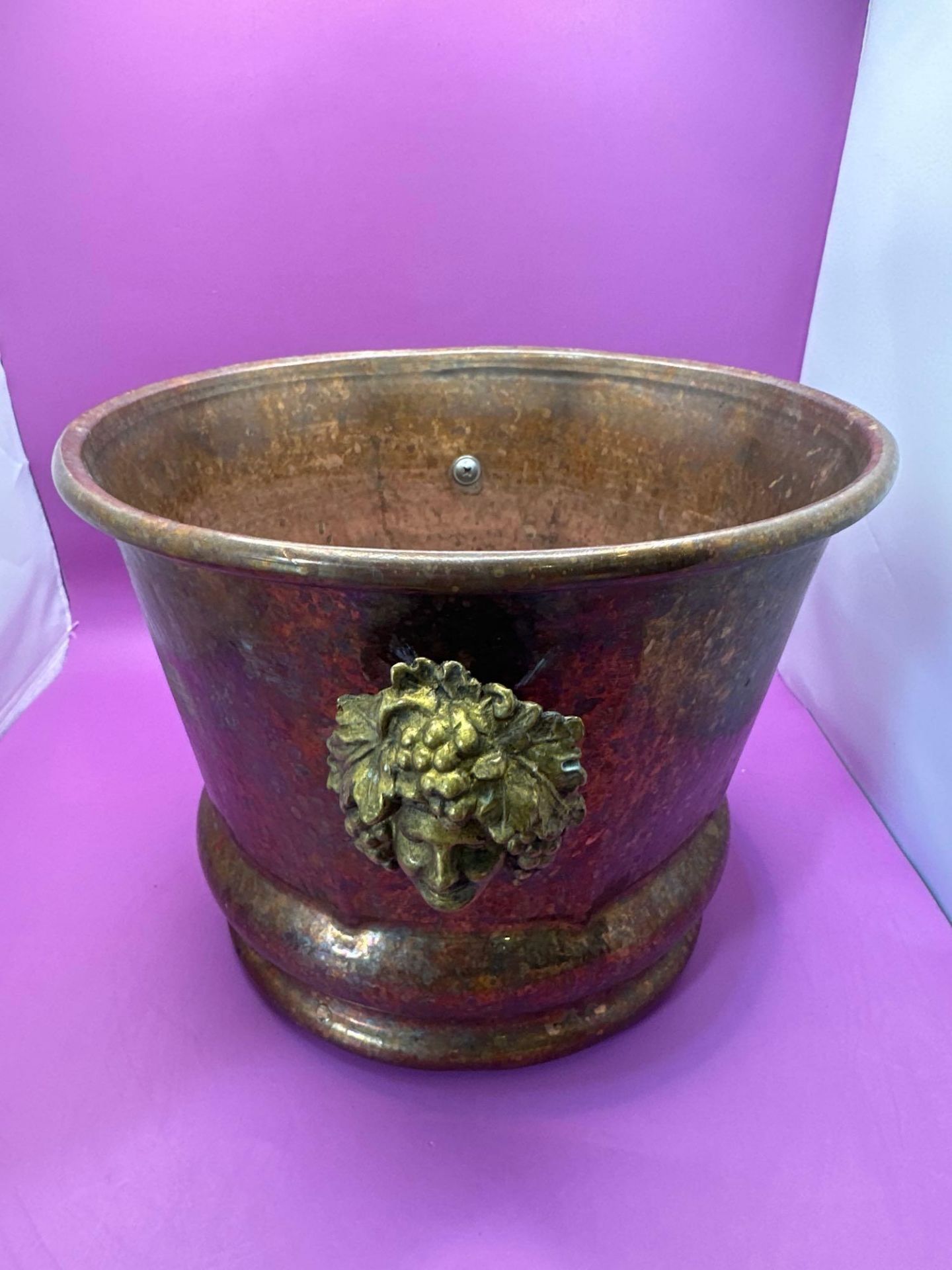 Copper Jardiniere With Brass Handles Depicting A Face With Grapes And Vine 23 X 18.5 cm - Image 2 of 4
