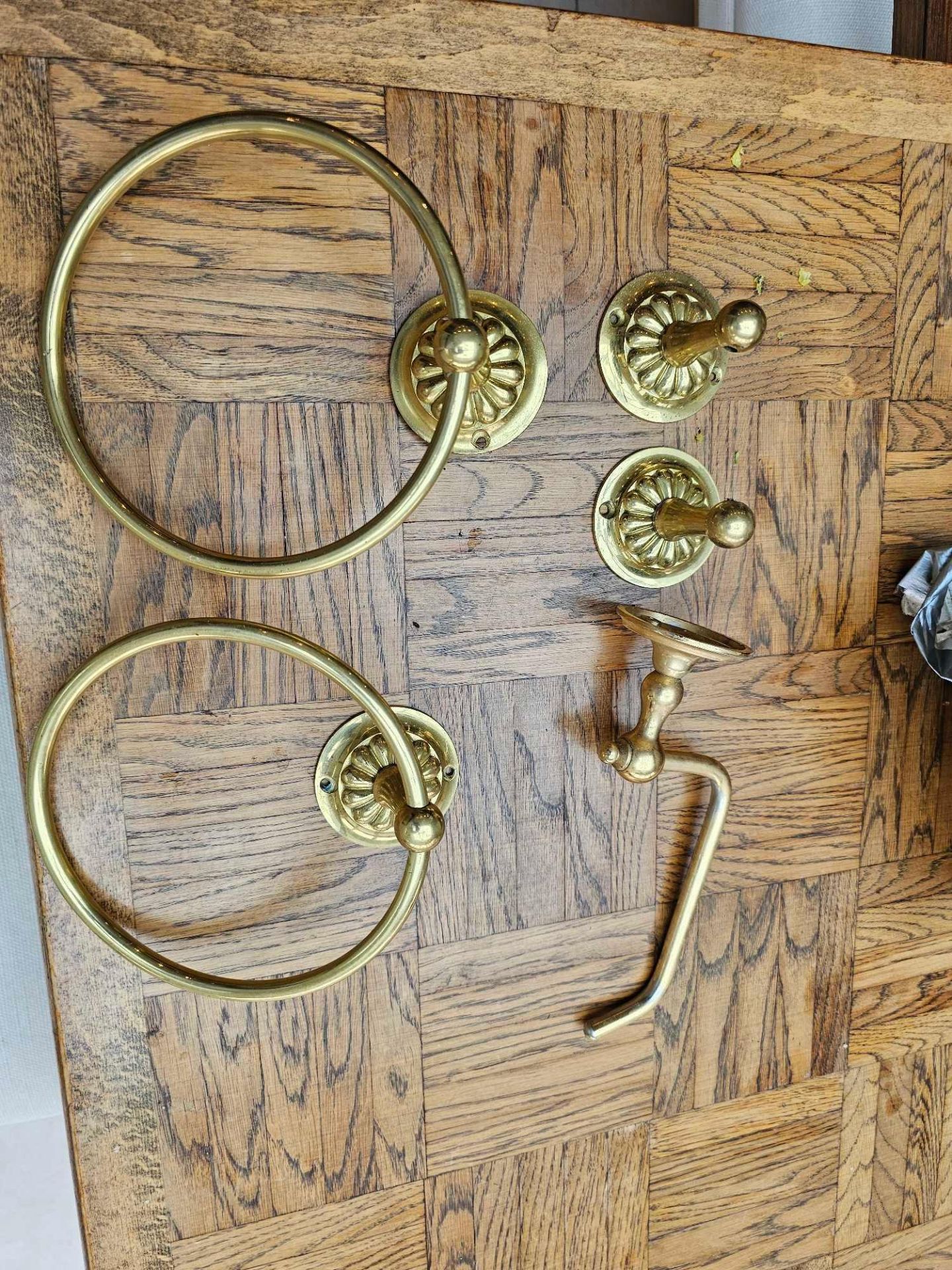 A Quantity Of Brass Handles, Hinges And Other Hardware Along With A Set Of Bathroom WC Brass Wall