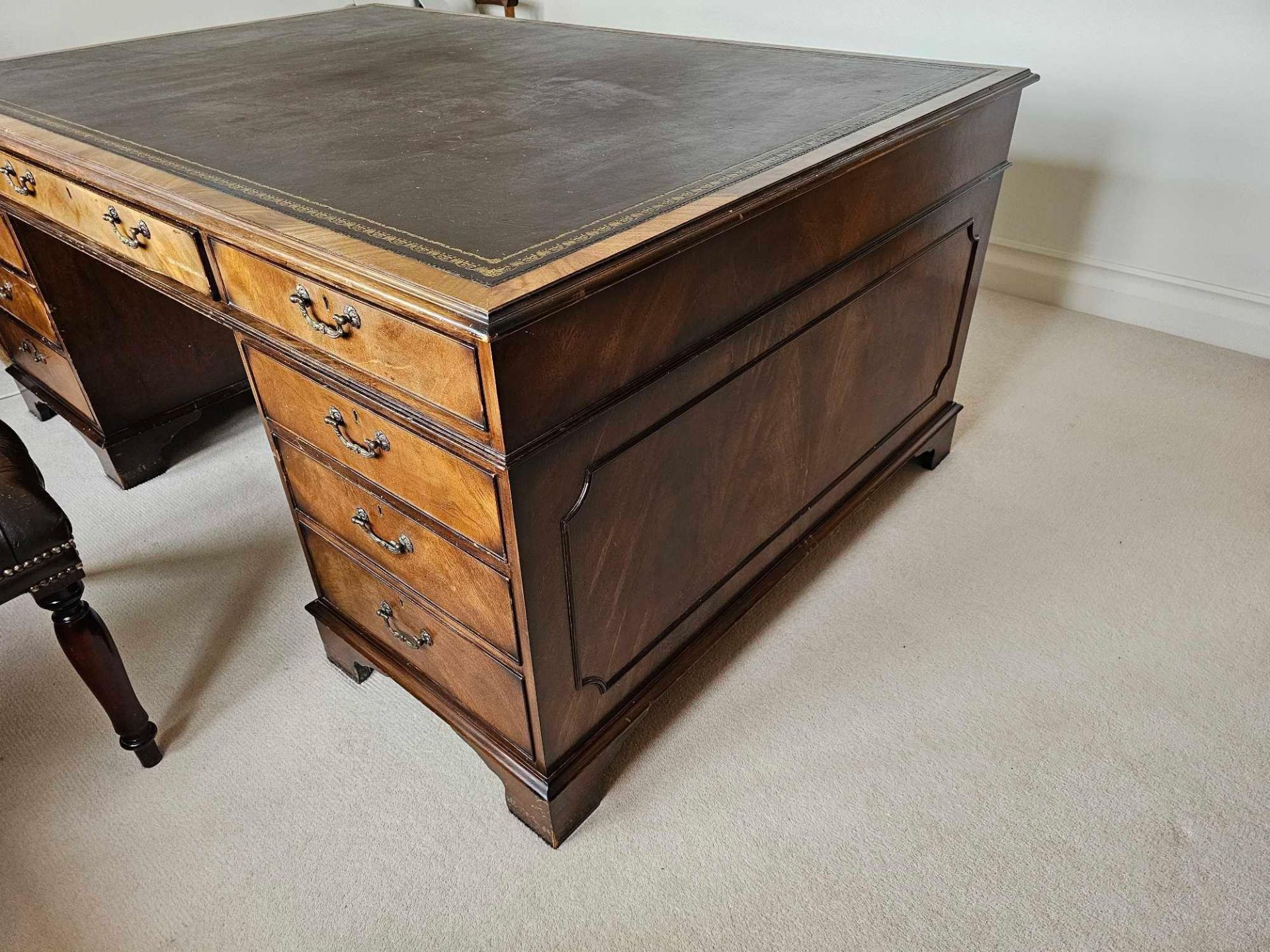 A George III Style Double Sided Walnut Partner Desk The Shaped Top With Leather Inset Top And - Image 3 of 8