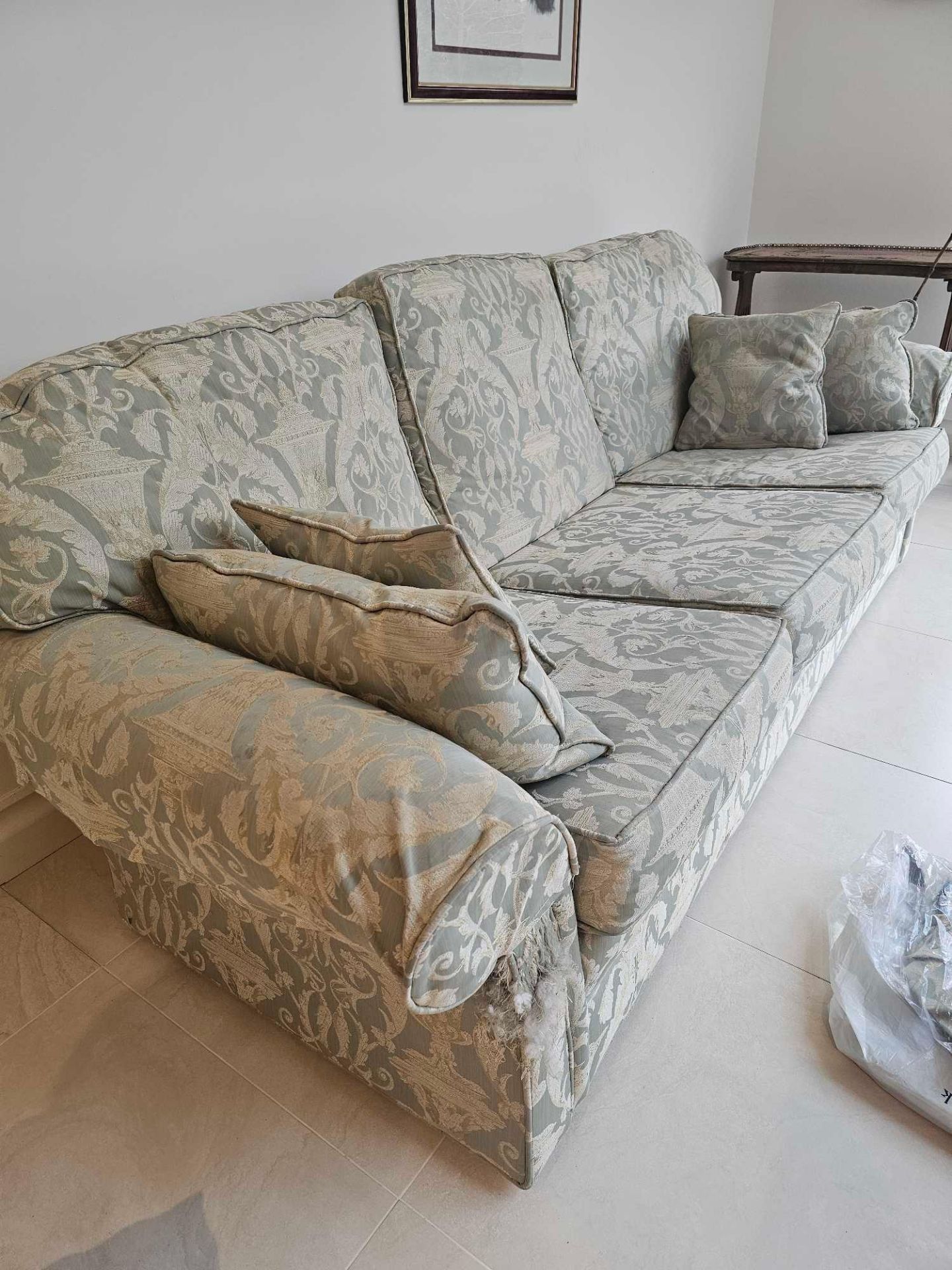 A Peter Guild Upholstered Three Seater Sofa In Damask Embossed Pattern Mint And Gold 235 X 87 X 95cm - Image 5 of 7