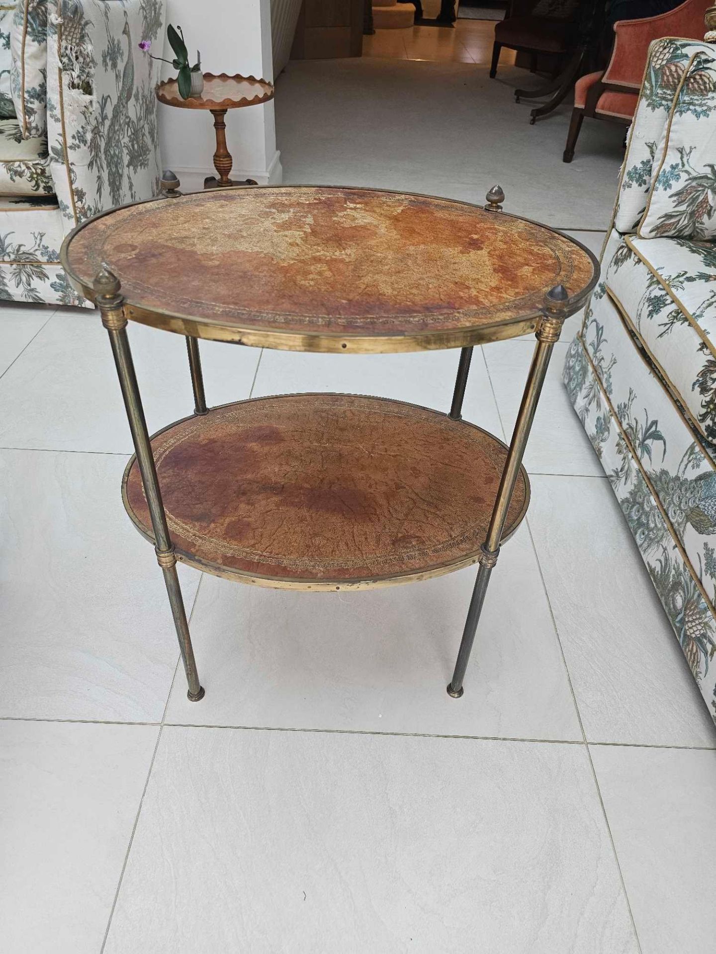 Oval Regency Style Brass Oval Etagere Two Well Figured Leather Clad Tiers United By Elegant Turned