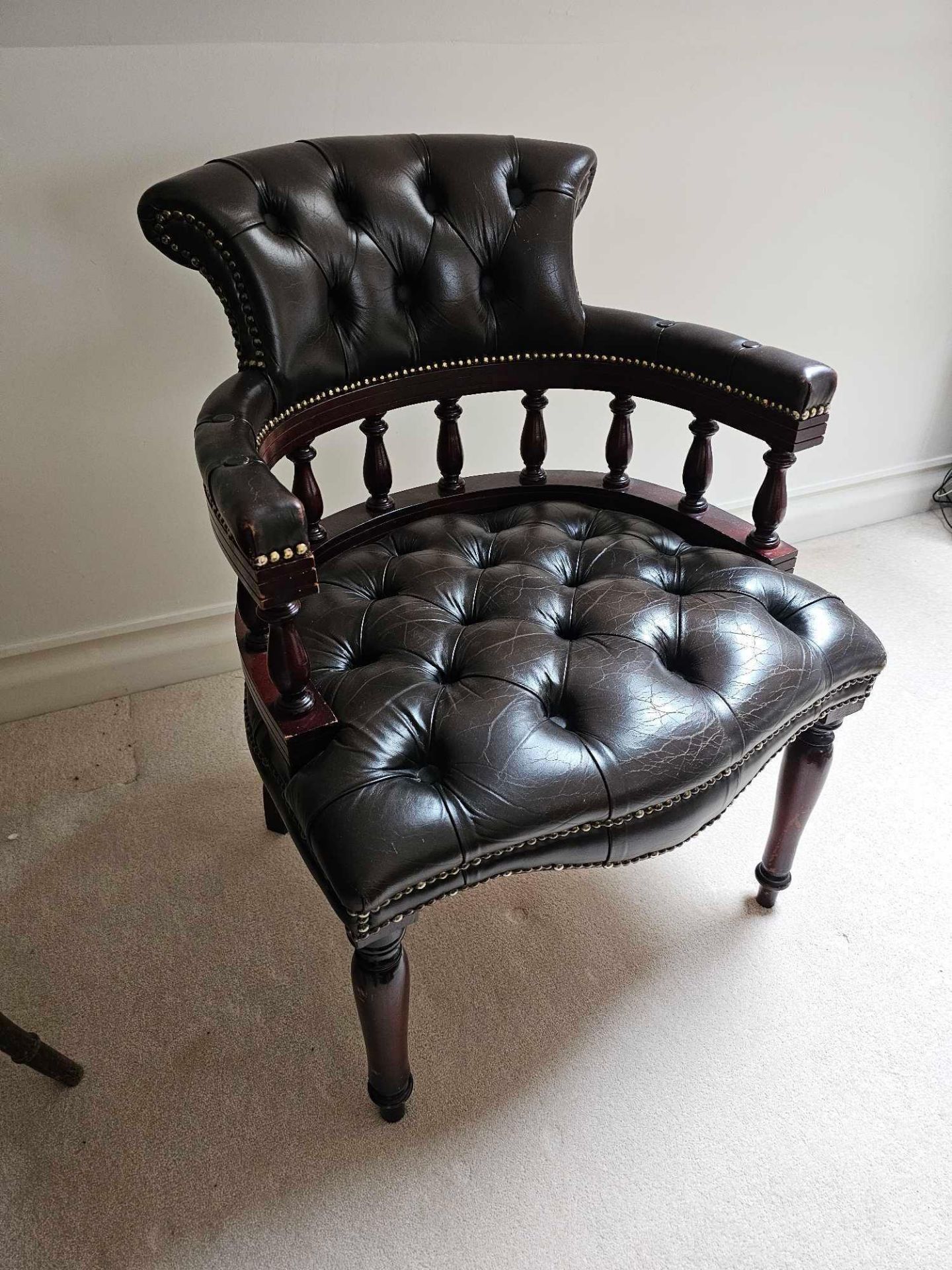 Victorian Leather Tufted Desk Chair With A Galleried Bold Turned Rails Between The Seat & The Curved - Image 2 of 4