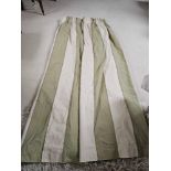 2 X Pairs Of Green And Cream Lined Drapes Each Panel 140 X 210cm Drop