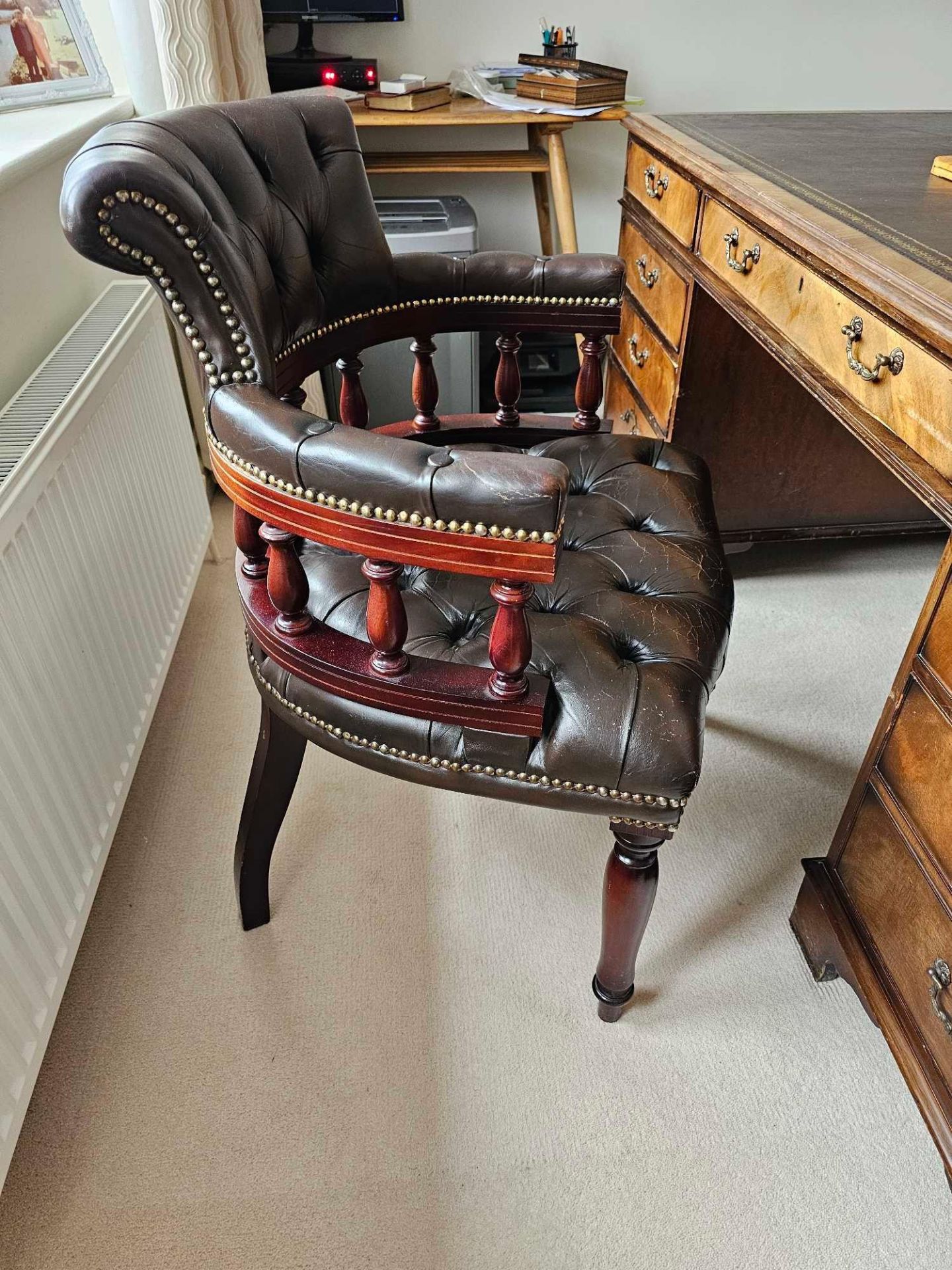 Victorian Leather Tufted Desk Chair With A Galleried Bold Turned Rails Between The Seat & The Curved - Image 4 of 6