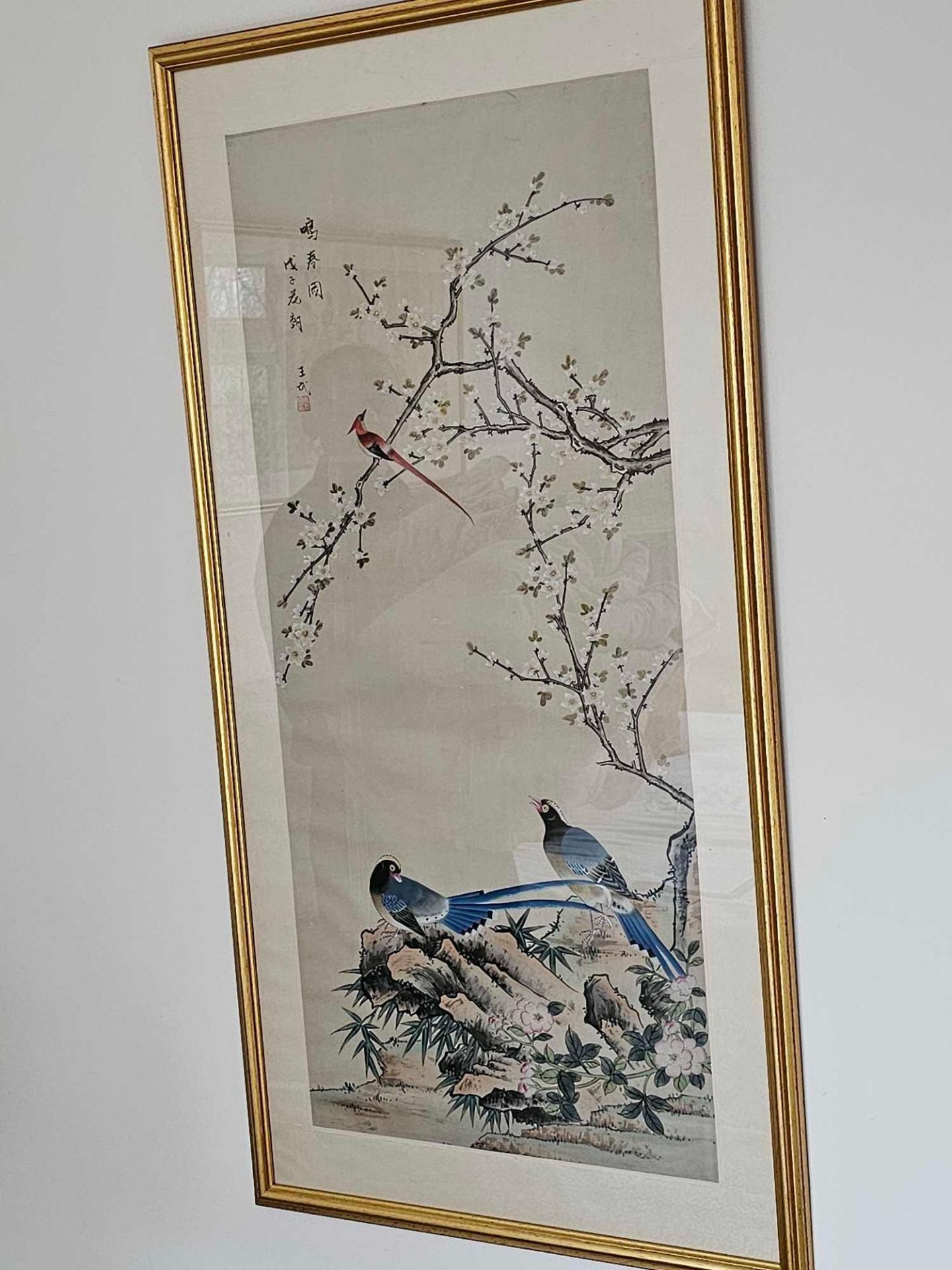 A Decorative Chinese Watercolour On Silk Of Three Exotic Birds And Prunus Blossom Signed And - Image 2 of 3