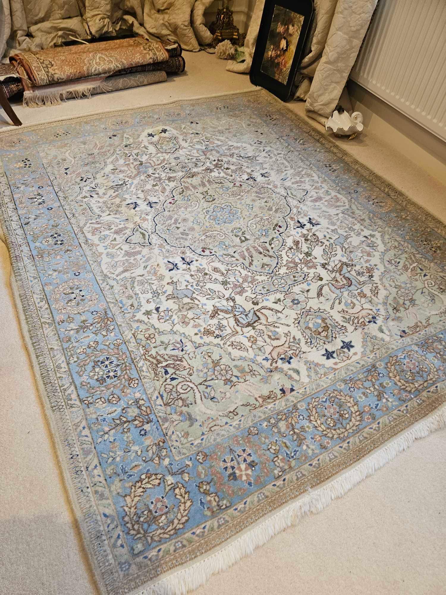 A Persian Patterned Rug The Ivory Field With Lozenge Medallions And Scrolled Spandrels With A - Image 3 of 6