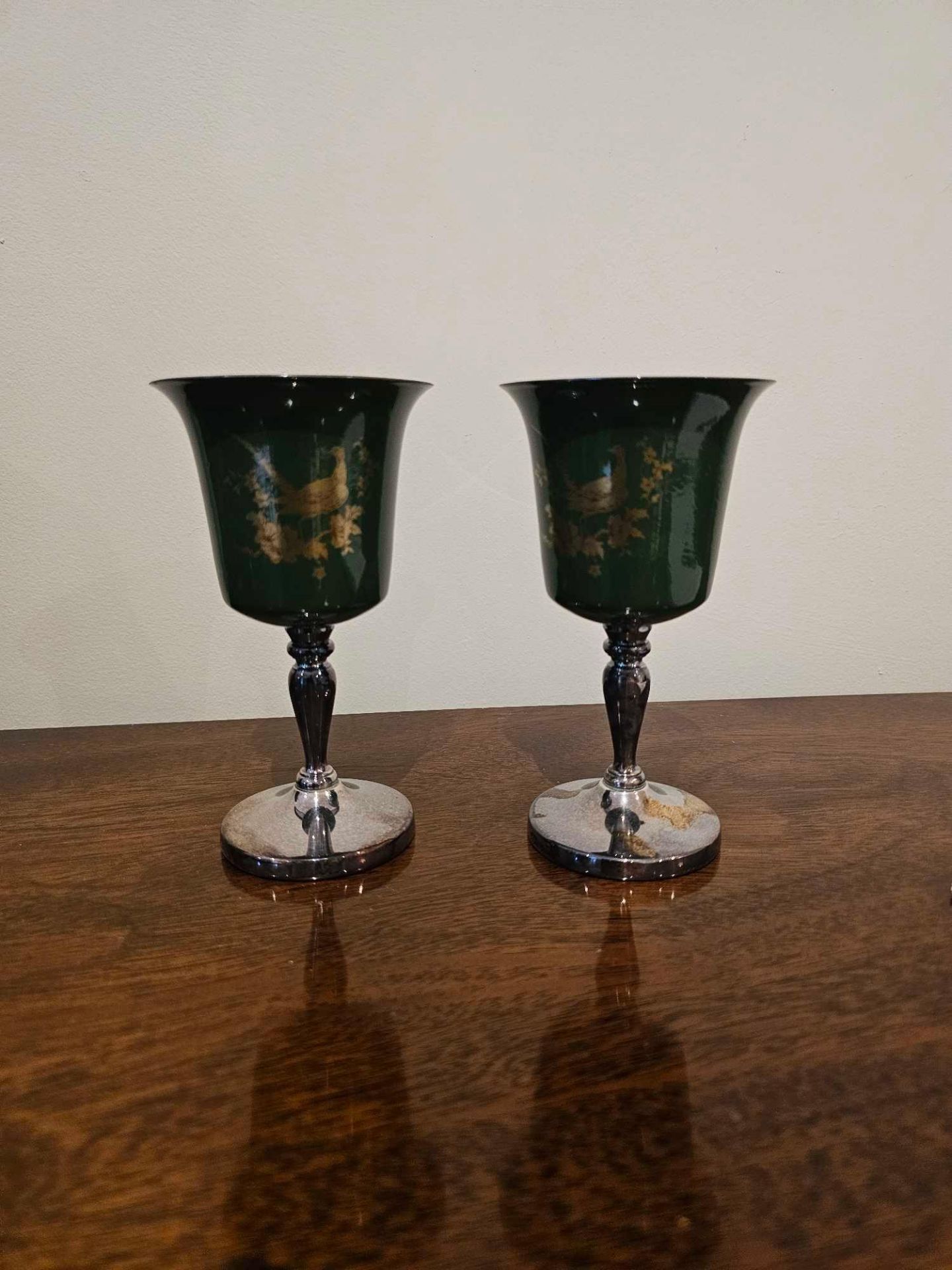 Mappin And Webb Pair Of Green And White Enamel Pheasant Goblets: 15cm - Image 2 of 4