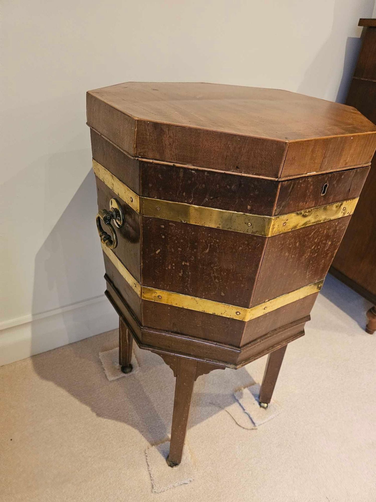 A George III Mahogany Octagonal Brass Bound Wine Cooler On Its Original Stand With Hinged Top The - Bild 3 aus 8