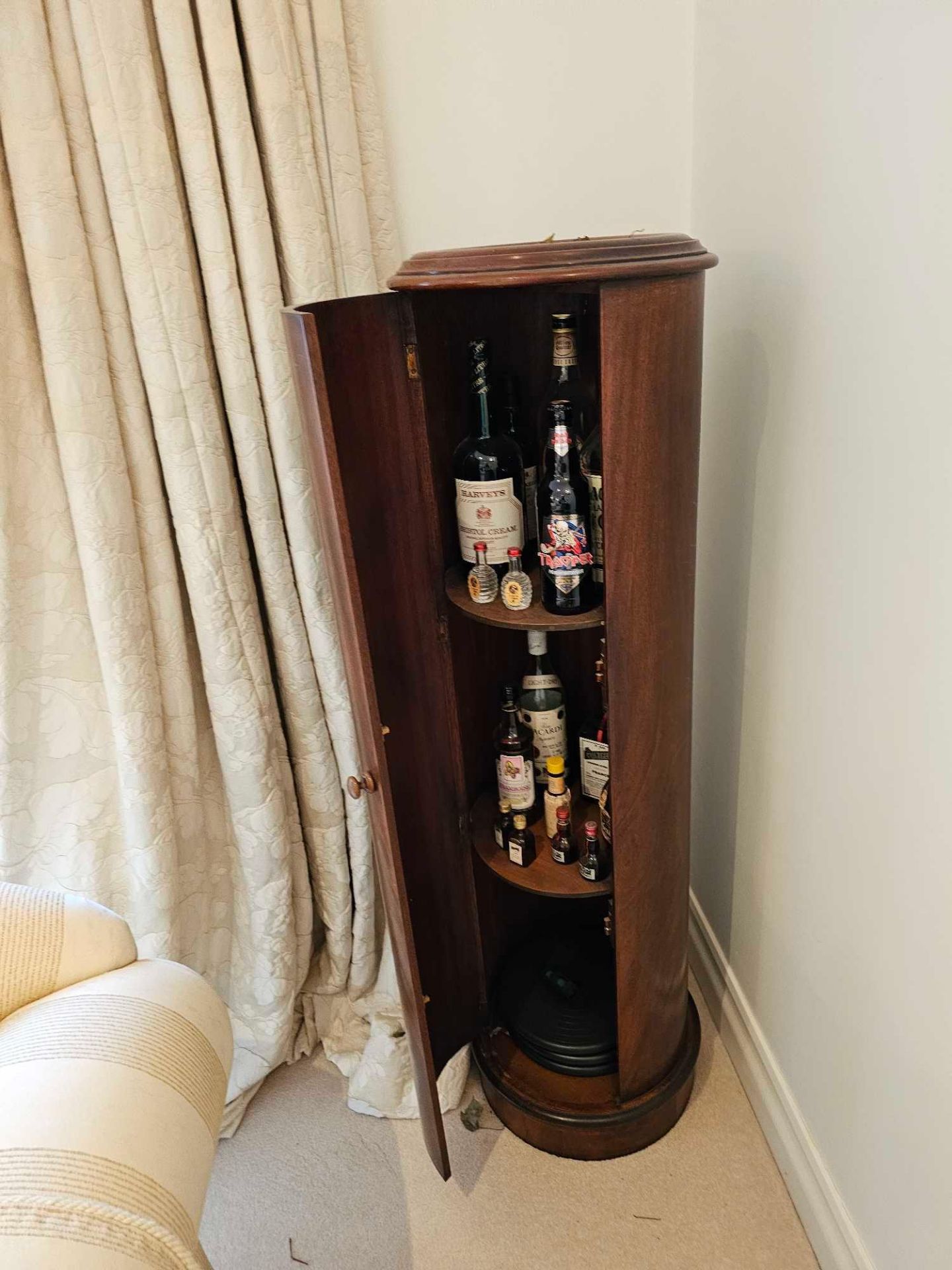 A Cylindrical Mahogany Single Door Drinks Cabinet Internally Fitted With Shelves 37 X 134cm - Image 2 of 4