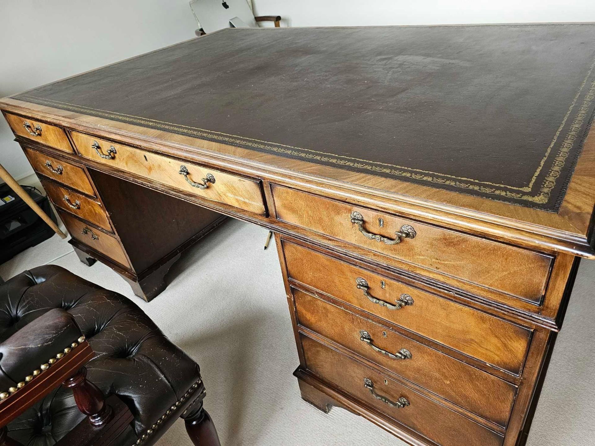 A George III Style Double Sided Walnut Partner Desk The Shaped Top With Leather Inset Top And - Image 8 of 8
