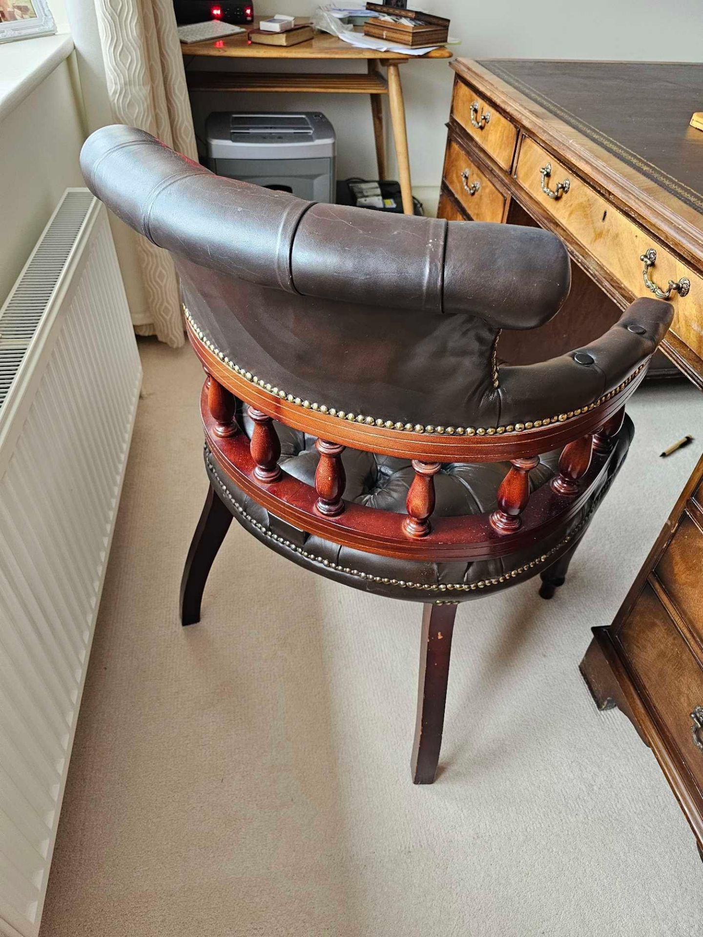 Victorian Leather Tufted Desk Chair With A Galleried Bold Turned Rails Between The Seat & The Curved - Image 6 of 6
