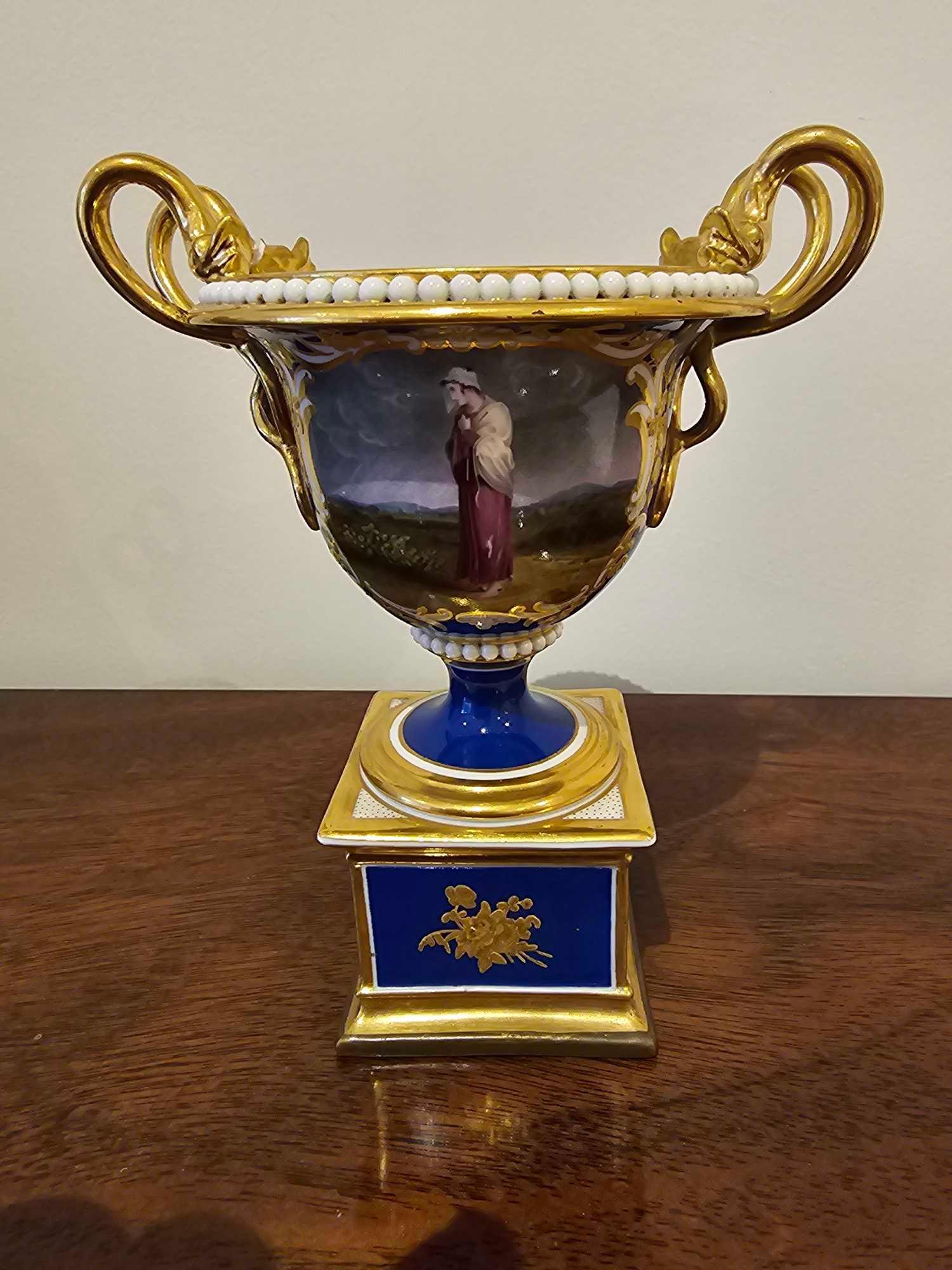 A Sevres Style Porcelain Cobalt And Gold Painted Urn Inscribed Under The Task Cowper