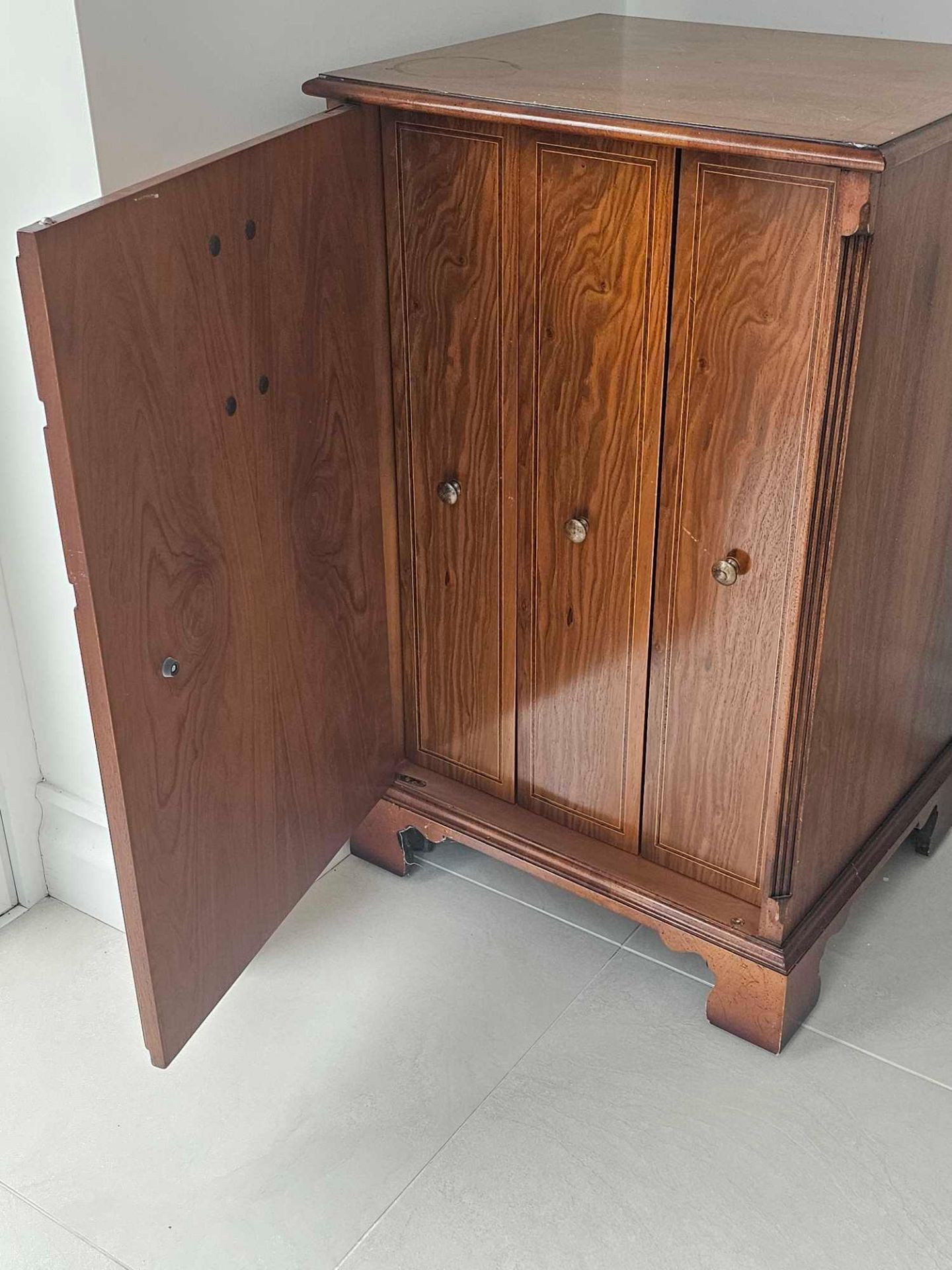 A Walnut Storage Cabinet With Simulated Drawer Front Panel Opens To Reveal 3 X Vertical Fitted - Image 3 of 5