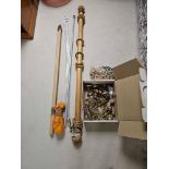 A Quantity Of Various Curtain Fittings Brass And Wood Rings, Finials And A Wooden Drapery Pole As