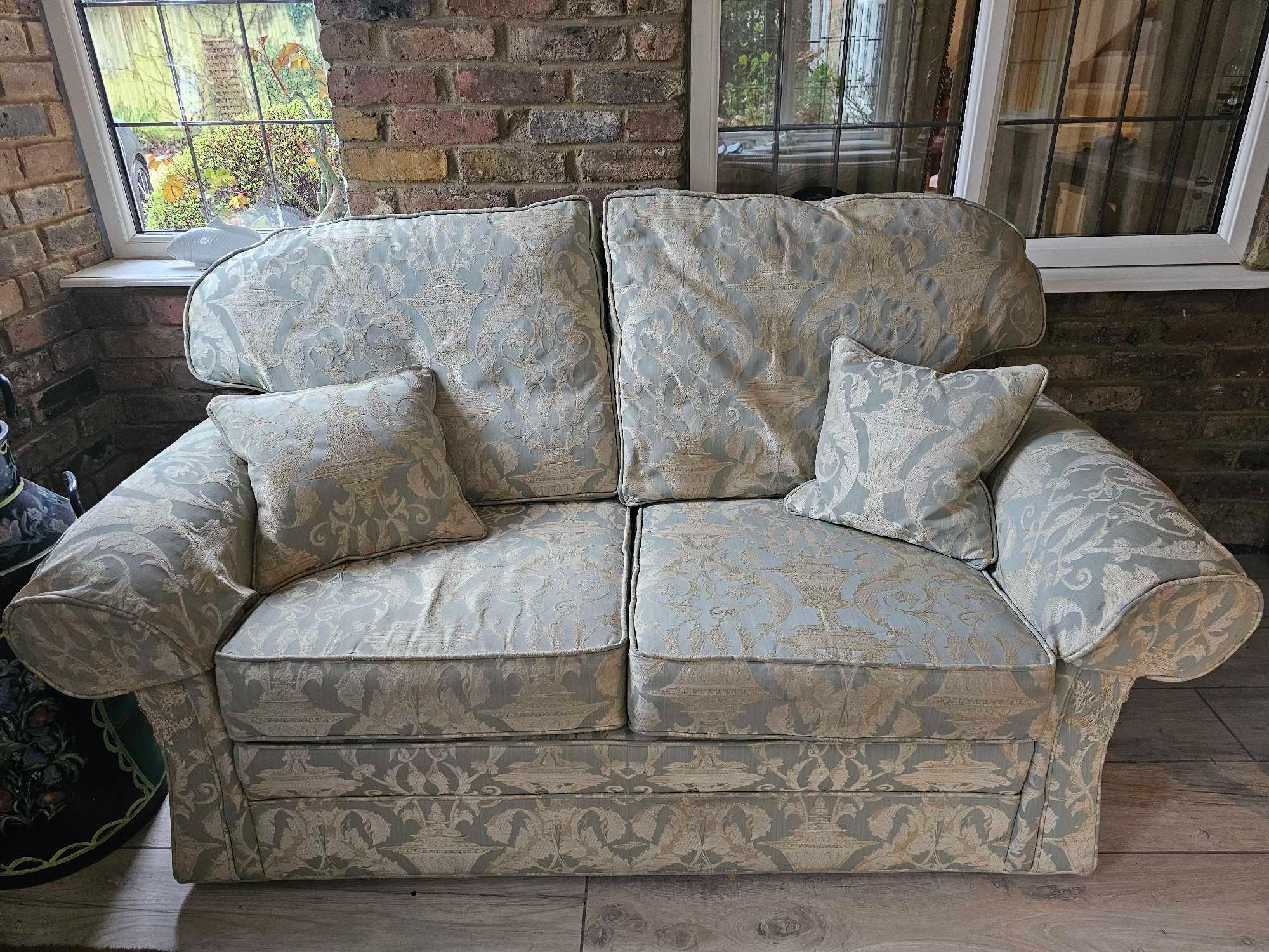 A Peter Guild Upholstered Two Seater Sofa In Damask Embossed Pattern Mint And Gold 160 X 87 X 95cm - Image 2 of 6