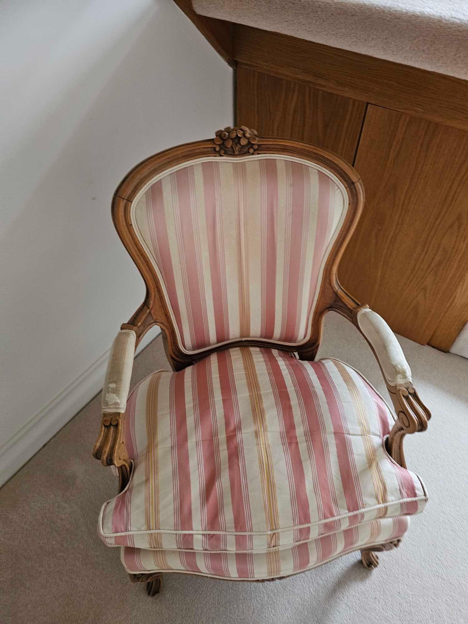 A Louis XV Style Beechwood Fauteuil The Shaped Rectangular Back With Floral Cresting, Striped - Image 5 of 5